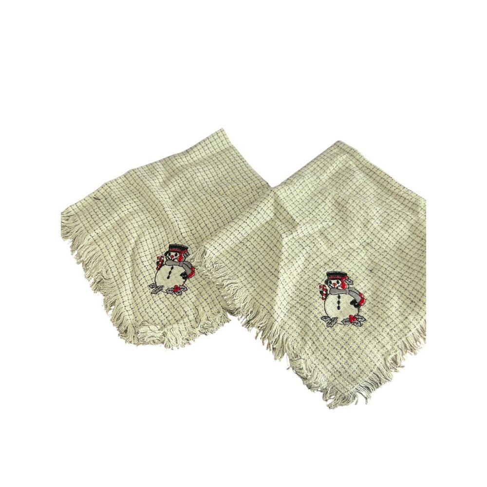 Set Of 2 Woven Snowman Embroidered Fabric Napkins Fringe Border 17" x 17" New